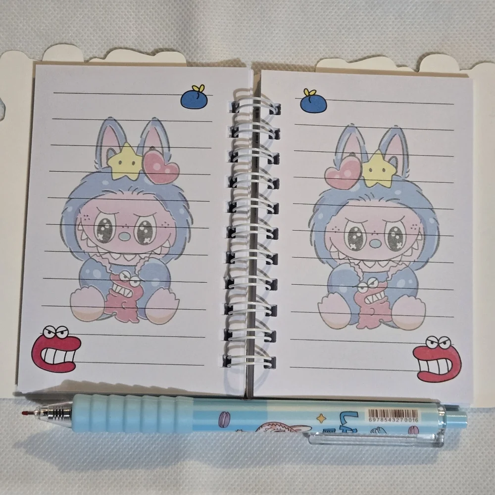 🍒🍒 Labubu Blue and Pink Spiral Notebook & Pen With Grip
